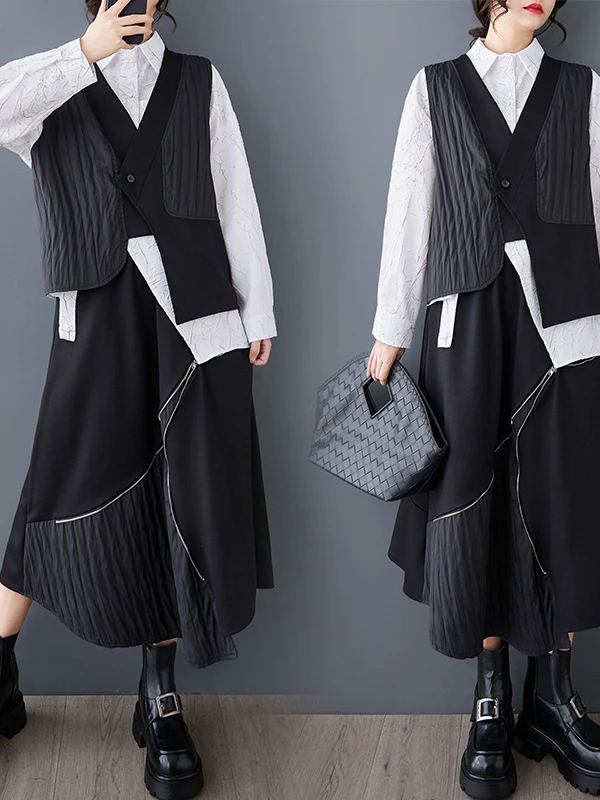 

Loose Vintage Asymmetrical Double Layer Vest Top Elastic Waist Casual Skirt Women's Fashion Set Polyester Fiber V-Neck B...