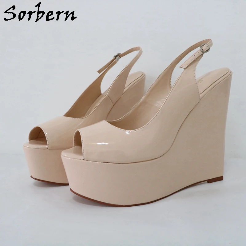 Sorbern Nude Glossy Women Slingback Summer Shoes Peep Toe Wedge High Heel Narrow Heeled Back Sexy Female Sandals Custom Color