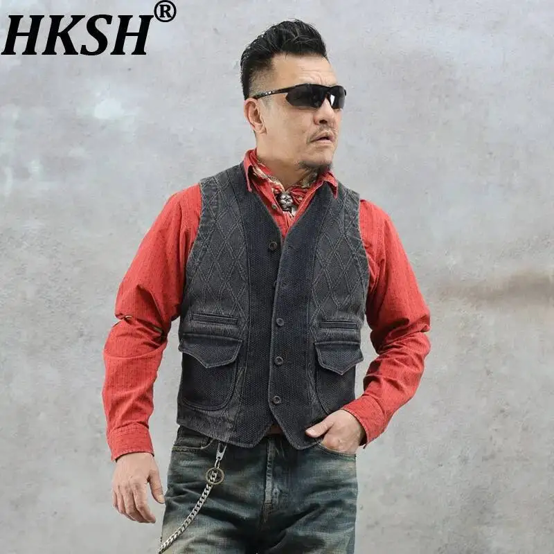 HKSH Spring Summer Men Tide Workwear Vest American High Street Light Luxury Casual Carbon Dark Washed Vintage Waistcoat HK23711