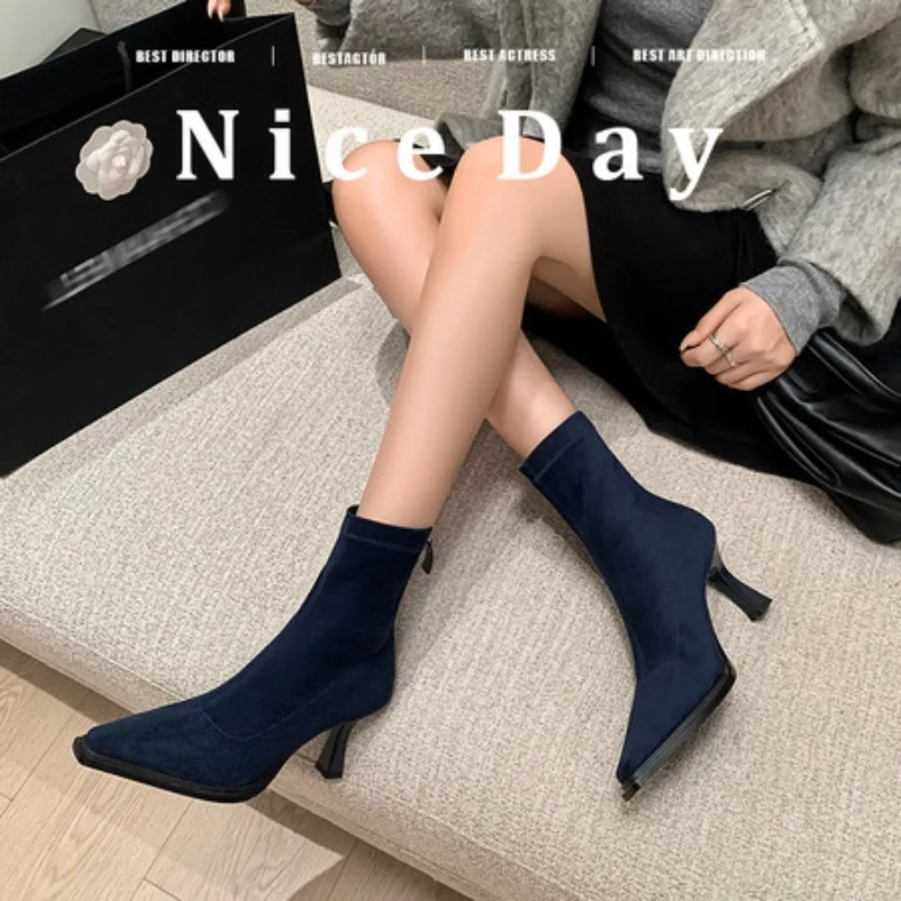 

Женские ботильоны, новые модные темпераментные короткие ботинки с молнией сзади, замшевые женские ботинки на толстом среднем каблуке, на квадратном каблуке