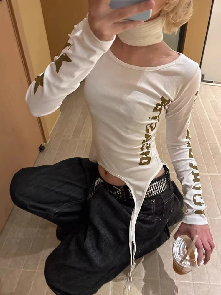 Tonngirls Y2k T-Shirt mit ästhetischem Aufdruck für Damen, langärmelig, unregelmäßige Grafik-Tops, Streetwear, japanische 2000er-Jahre-Vintage-Tops mit Schnürung – Detail 6