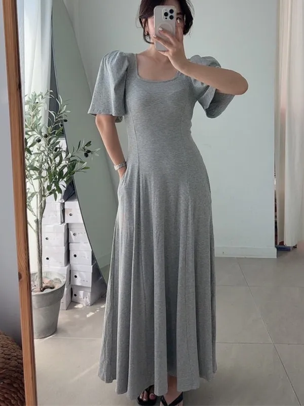 

Chic Bubble Sleeve T-Shirt Dress Women's Slim Fit Waist Cinching Sweet Versatile Pleated A-Line Long Dress Cotton Summer