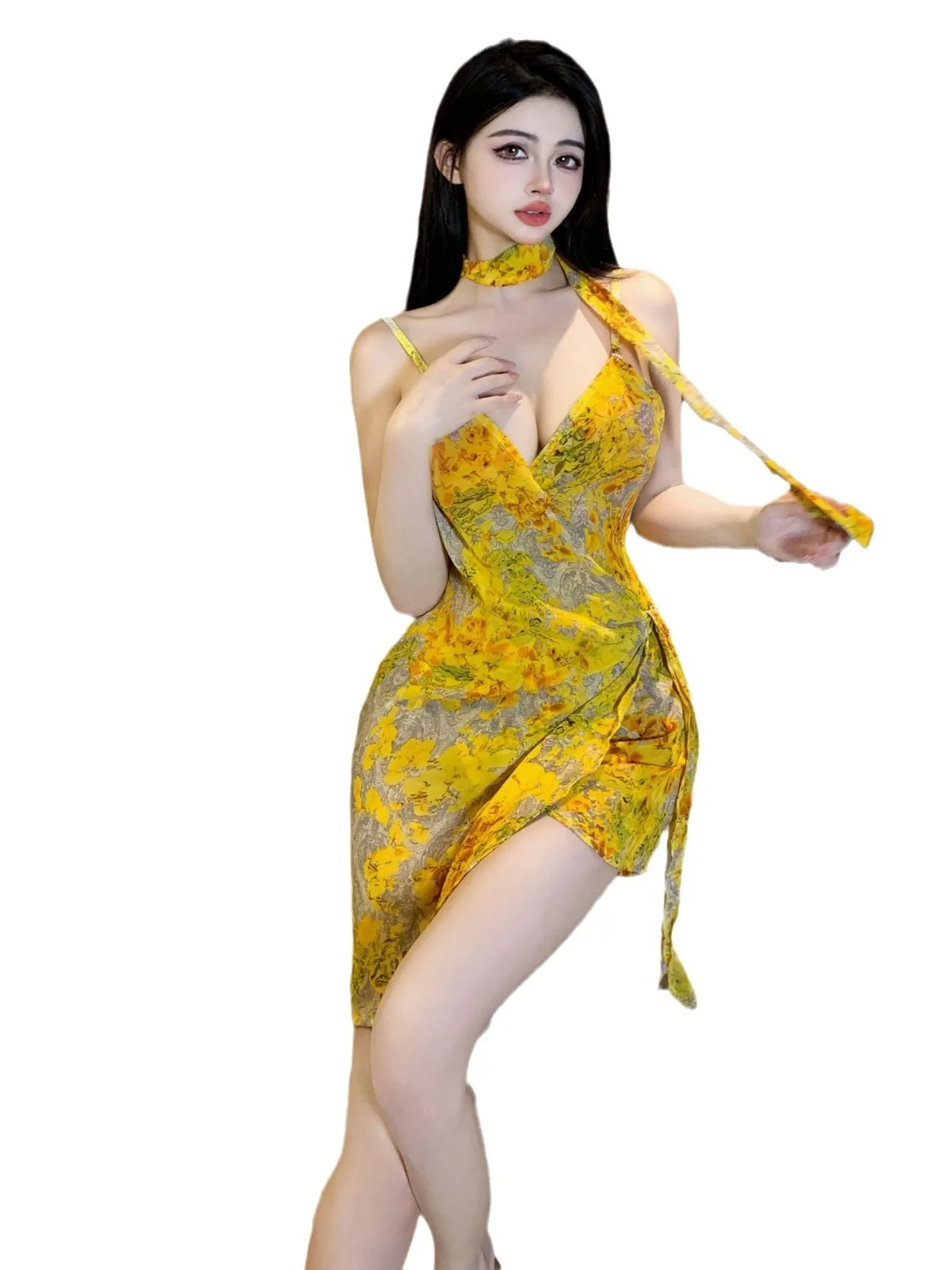 Yellow Flowers Mini Dress Belt New Sexy V Neck Tight Fairy Dress Elegant Fashion Sweet Korean Women Tops New Spice Girls YZW0