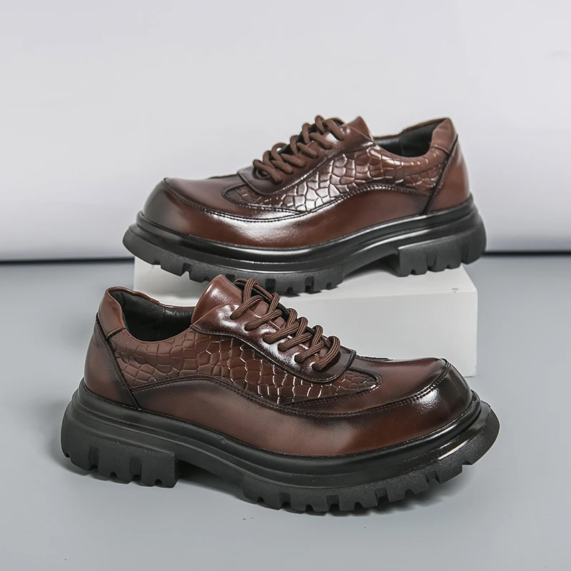 Men Leather Shoes, Fashion Light Sole Pattern Wide Round Toe Footwear, Thick Sole Versatile Color Polished Leather Dress Shoes