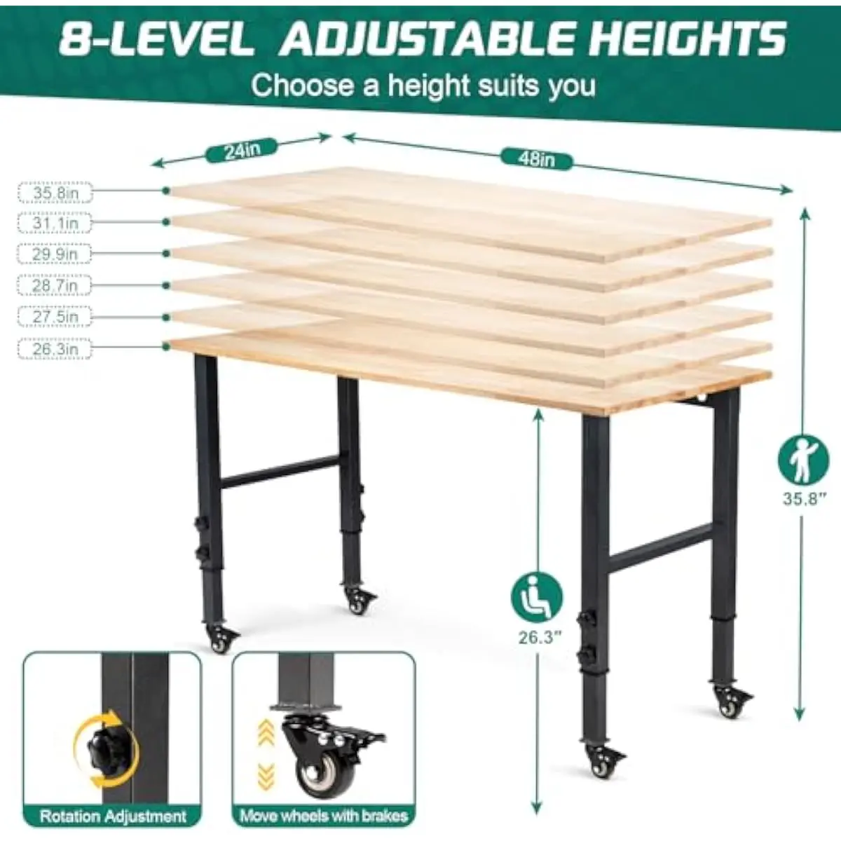 48 Inch Height Adjustable Workbench with Locking Steel Casters • Rubberwood Top • 26.3 to 35.8 Inch Range • 2000 LB Capacity • 4