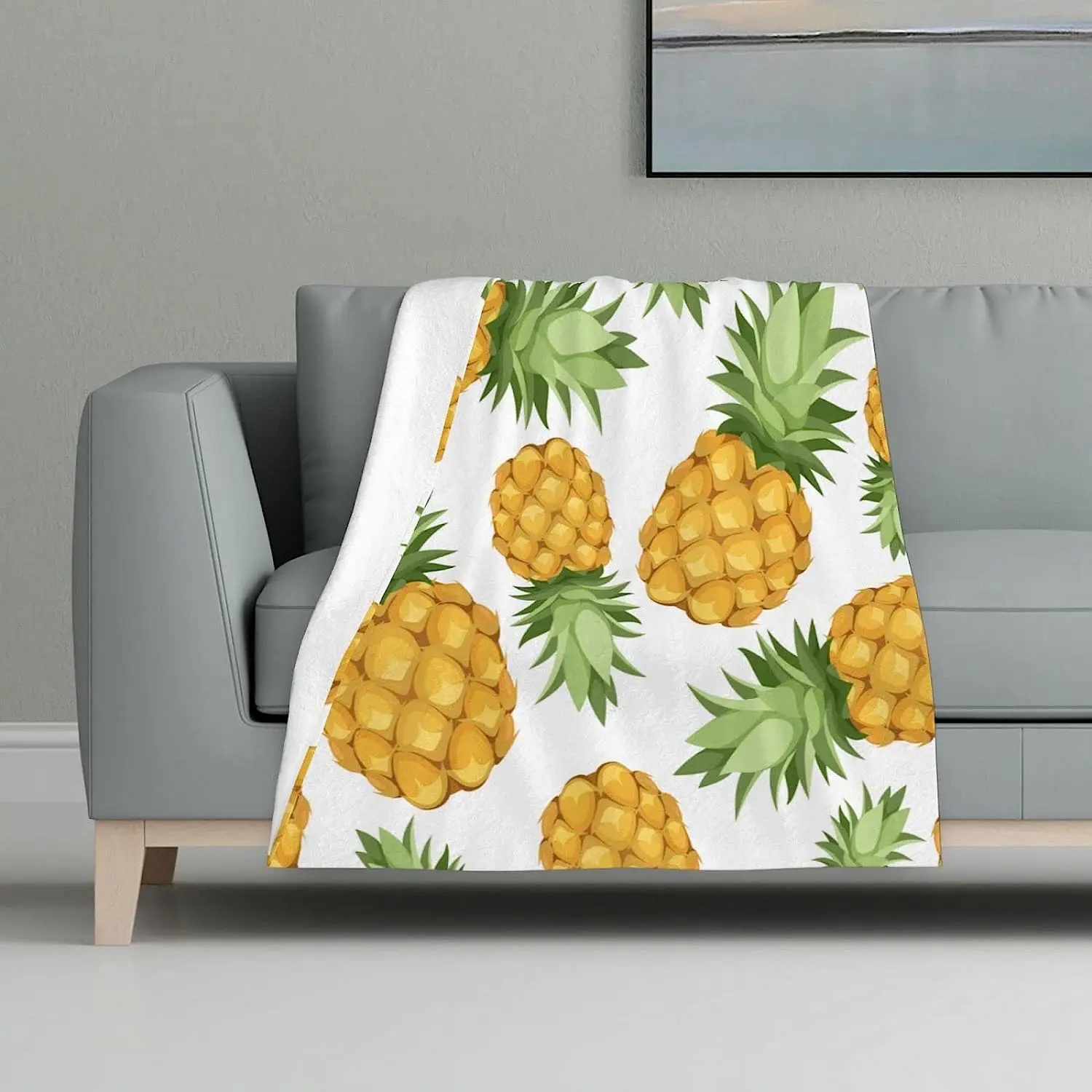 Pineapples Throw Blanket Summer Tropical Sweet Fruit Irregular Placement Green Yellow Throw Blanket Bed Couch Sofa