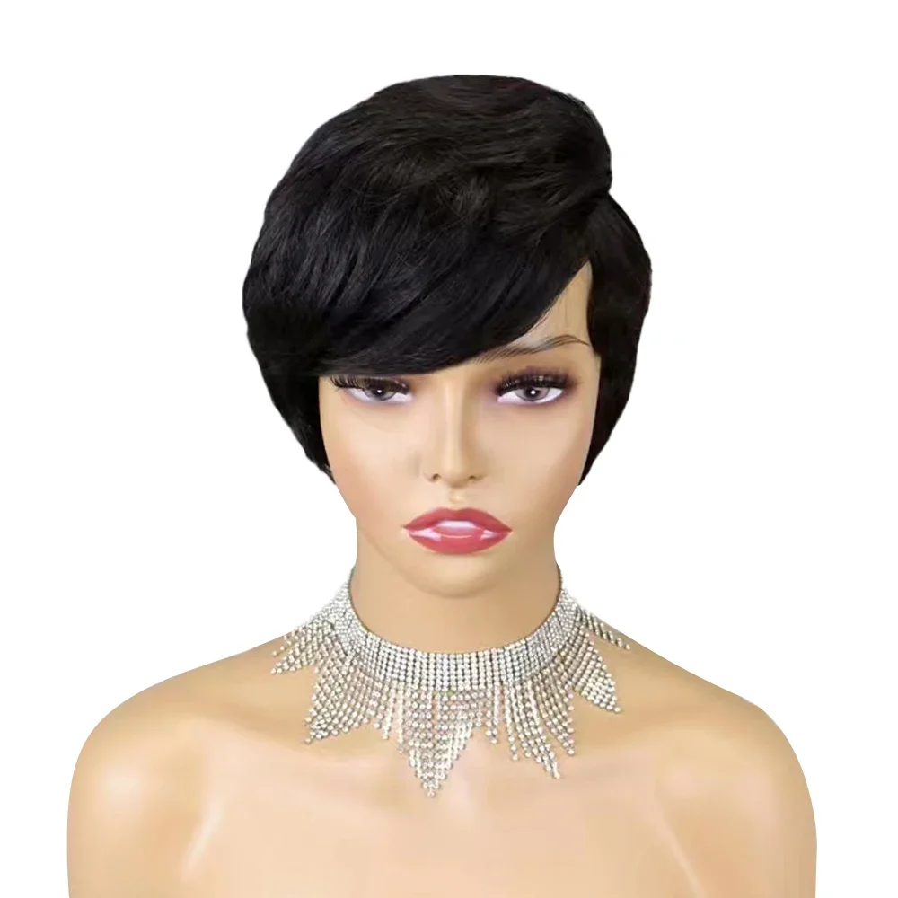 Short Human Hair Wigs Pixie Cut Straight Human Hair Wig with Bangs for Women Full Mechanism Brazilian Remy Cheap Wig 150 Density