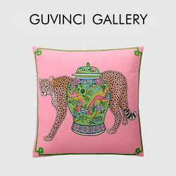 GUVINCI GG Style Inspired Cushion Cover Preppy Chinoiserie Cheetah With Gragon Ginger Jar Decorative Pillow Case Chic Home Decor