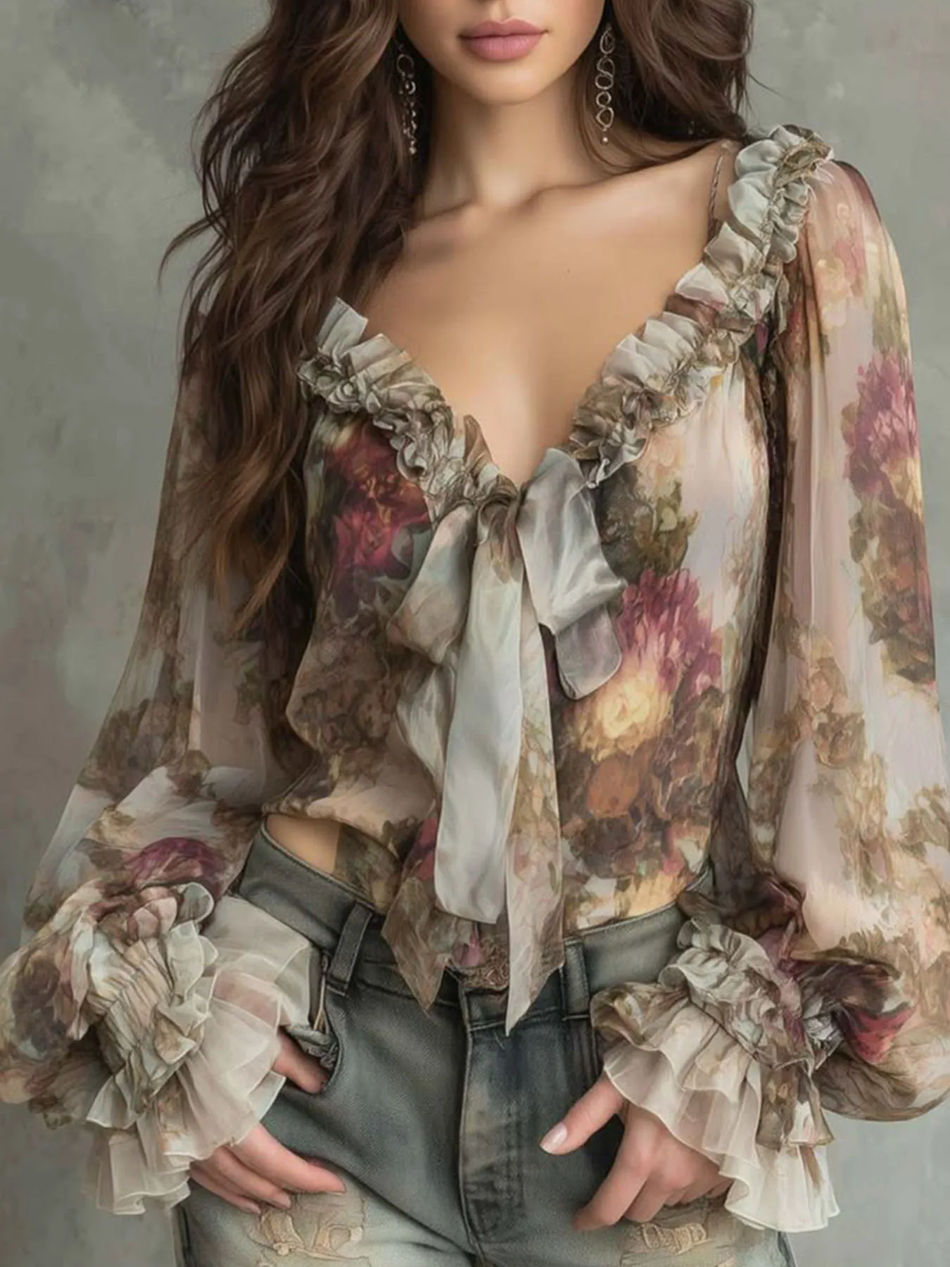 Women Plus Size Floral Chiffon Blouse V Neck Ruffled Long Flare Sleeve Sheer Front Bow Tie Vintage Printed Casual Elegant Shirt