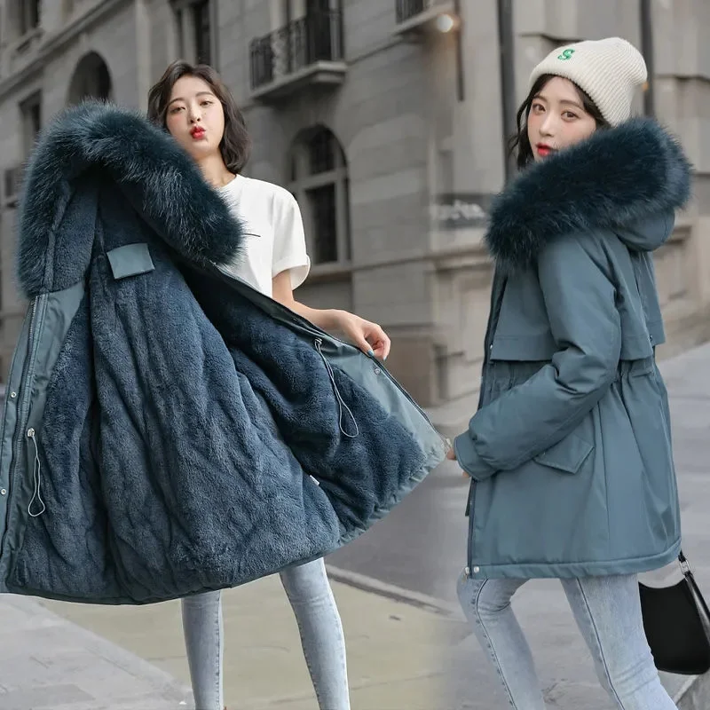 2024 New Women\'s Medium-length Waist-fitted Slimming Hooded Fleece-lined Cotton Coat Korean Style Autumn winter Warm Jacket