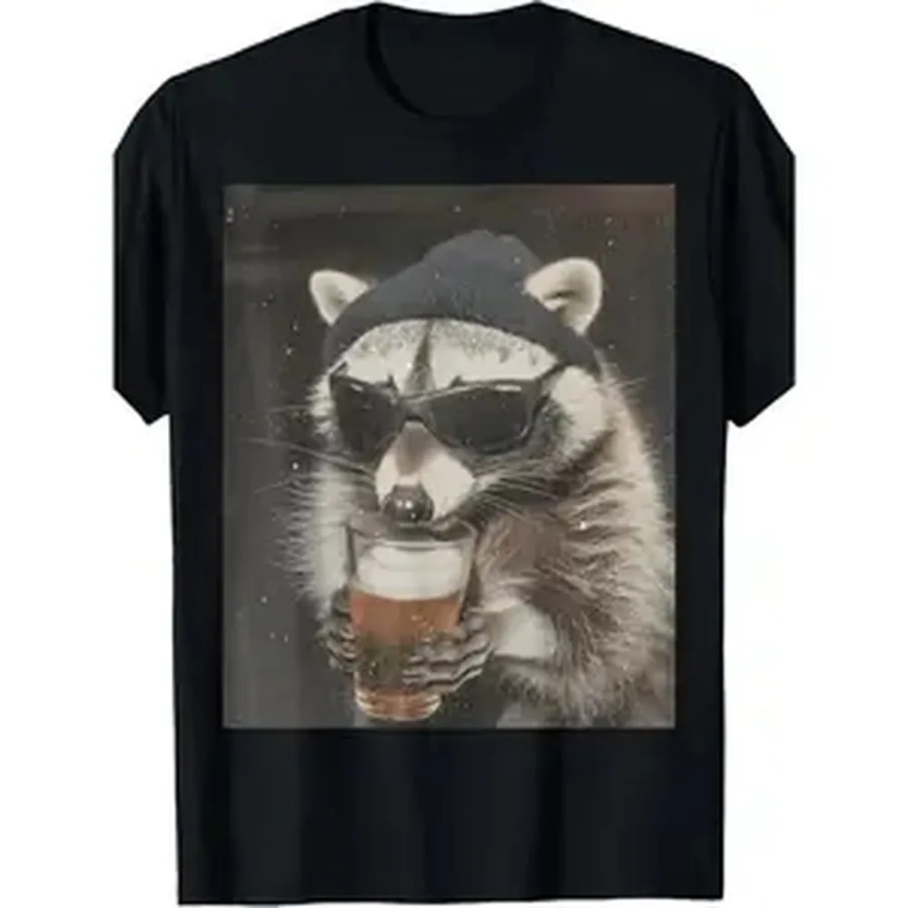 Funny Gangster Raccoon Drinking Beer Trashed Panda Meme T-Shirt | Vintage Style, Crew Neck, Slight Stretch Fabric, Regular Fit, Perfect For Adults