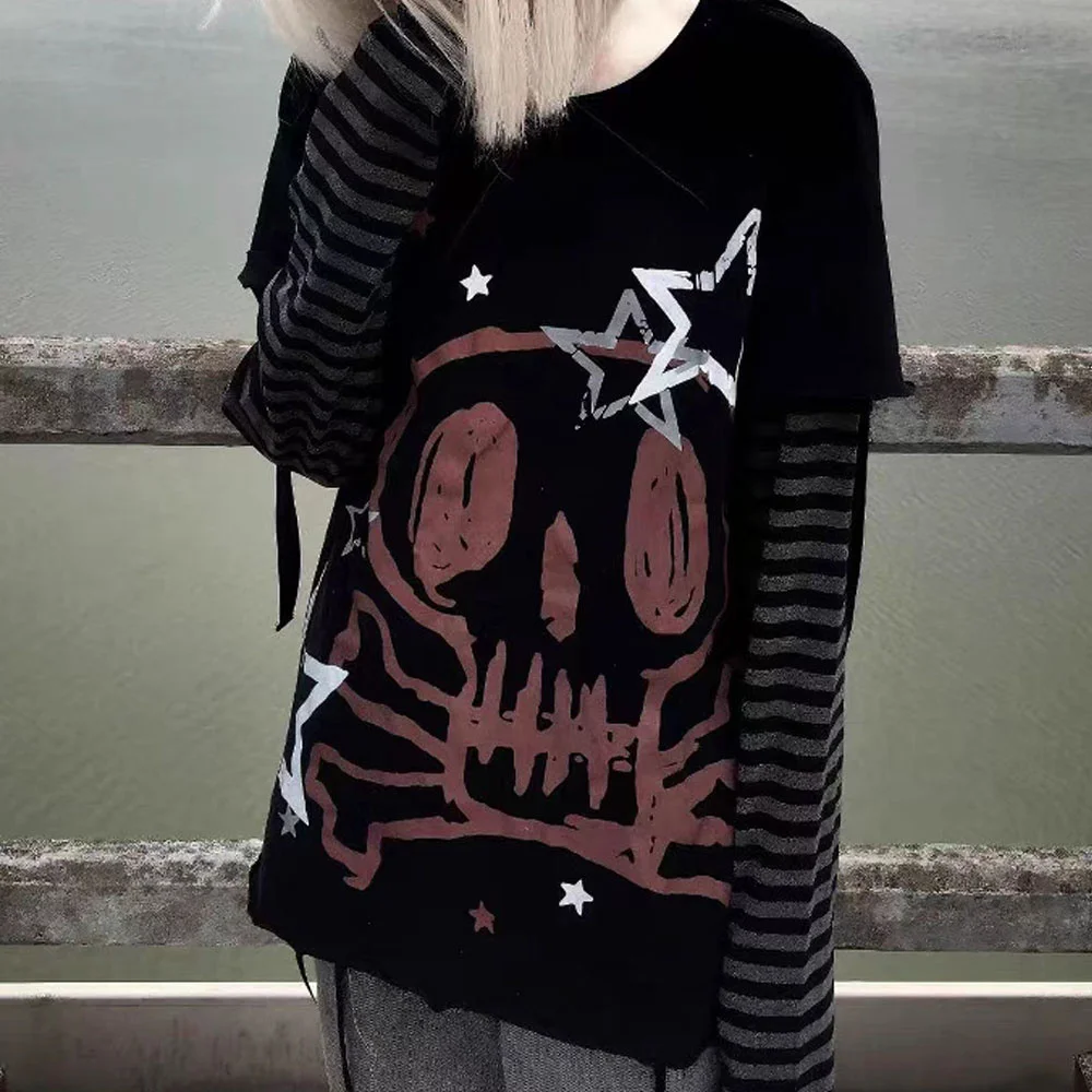 

Повседневные топы с длинным рукавом в стиле рок, эмо, гранж, эстетические топы из искусственного двух предметов, свободные футболки в стиле панк, Harajuku Y2K, черная футболка с принтом, уличная одежда