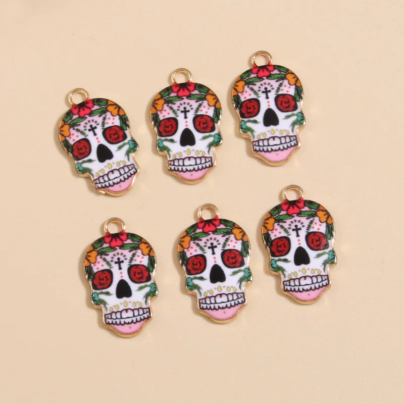 10pcs Gold Color 22x13mm Rose Skull Skeleton Charms Halloween Enamel Pendant For DIY Handmade Necklace Jewelry Making Accessorie