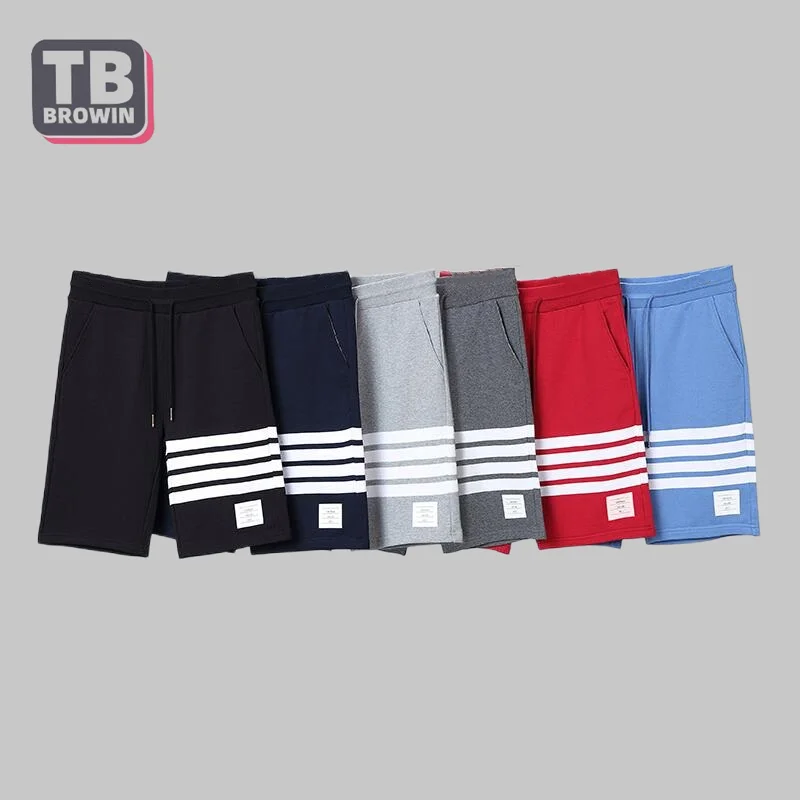 TB-Pantalon mi-long rayé à quatre barres pour hommes, marque en coton, tendance Thom, cordon de serrage, sports, couple, décontracté, objectifs, été