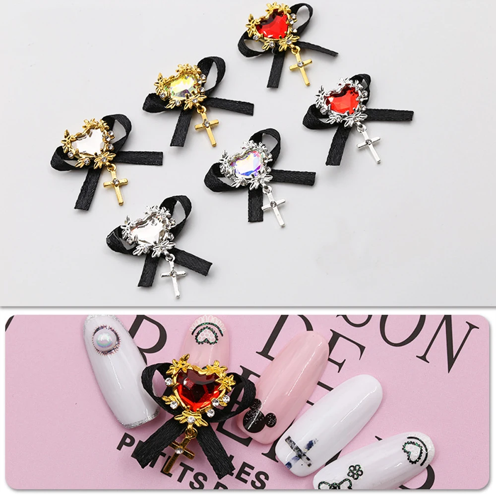 5pcs Gothic Nail Charms Gold/Silver Alloy Crystal Bowknot With Cross Jewelry Nail Parts 3D Evil Loli Nail Art Goth Decors JE28#