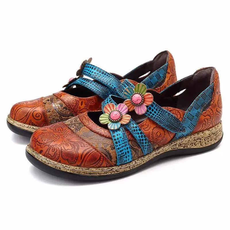 Vintage Floral Splicing Colored Stitching Hook Loop Flat Shoes Spring Summer Casual Women Flat Shoes New