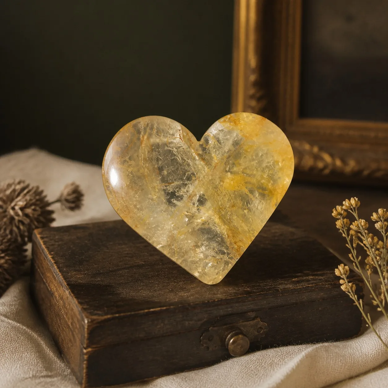 1pc Natural Yellow Rutilated Quartz Heart Carving | Approx. 1.57–2.36 Inches | Finely Cut and Polished Heart