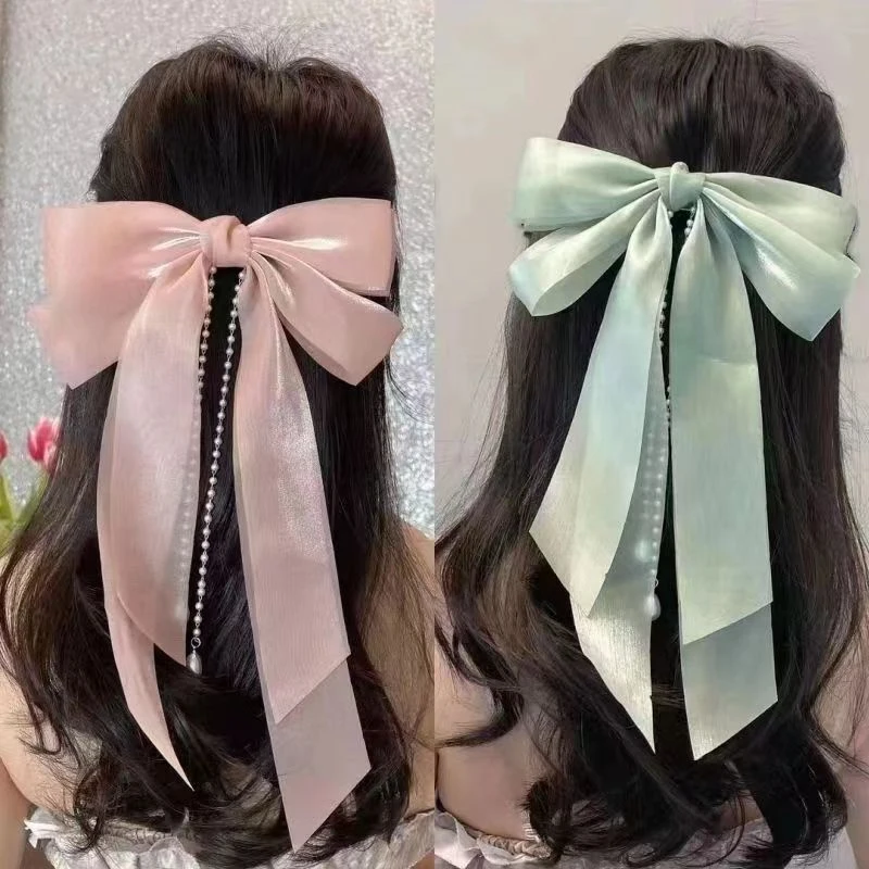 Chiffon Bow Hair Clip Women Large Bowknot Stain Hairpin Barrettes Girls Solid Color Ponytail Clip Hair Accessories Headwear Gift