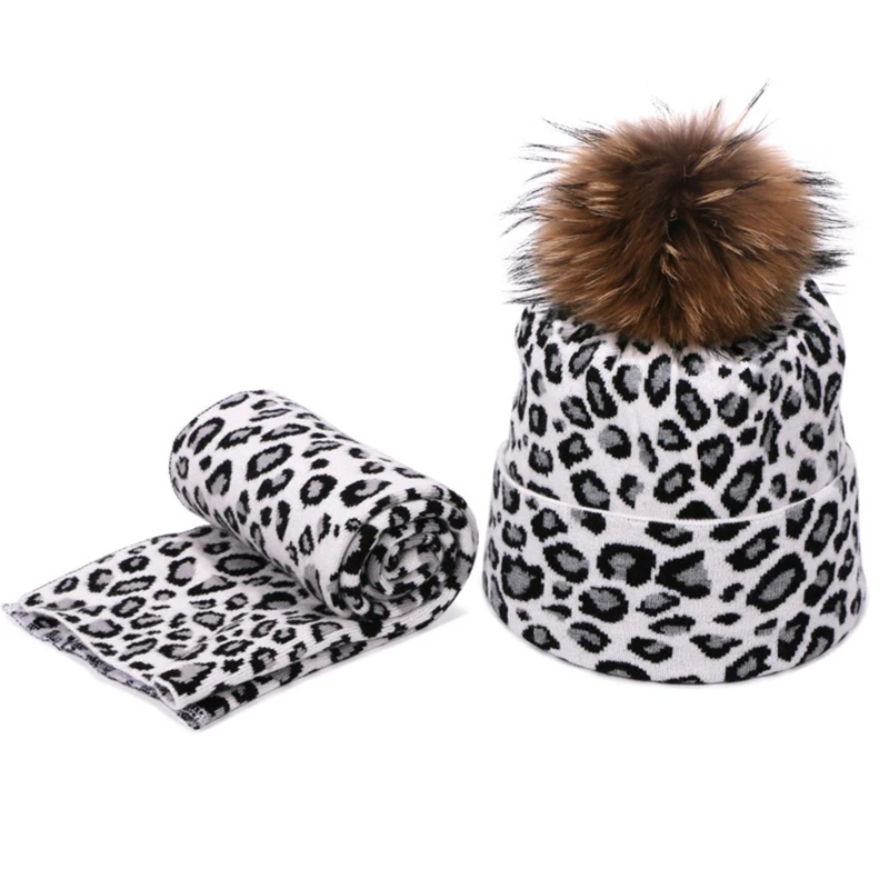 New 2pcs Winter Women Pompon Beanie Hat Scarf Set Leopard Warm Faux Fur Pom Pom Caps