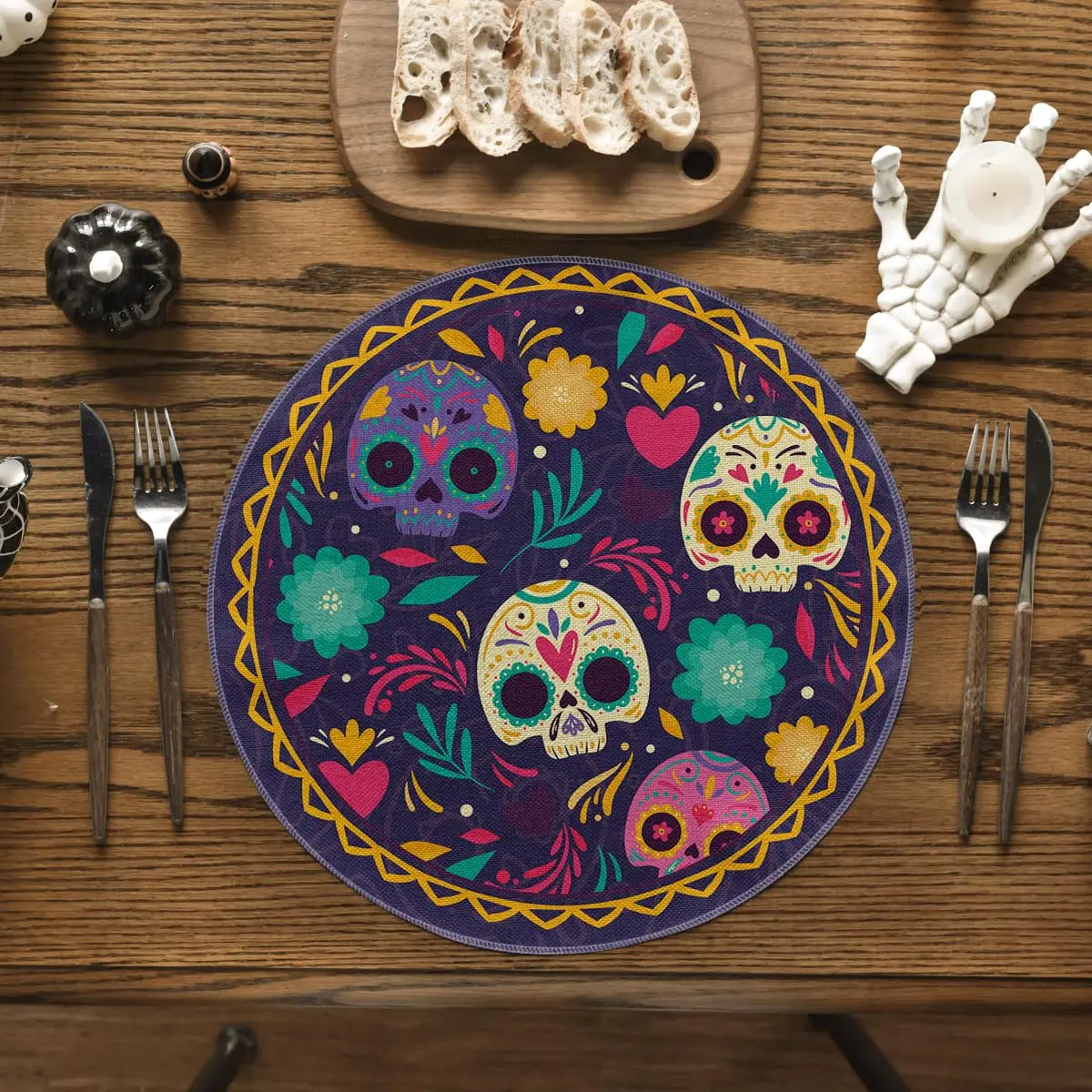 Skulls Floral Day of The Dead Halloween Round Placemats , 14 Inch Fall Round Table Mats for Dining Decoration