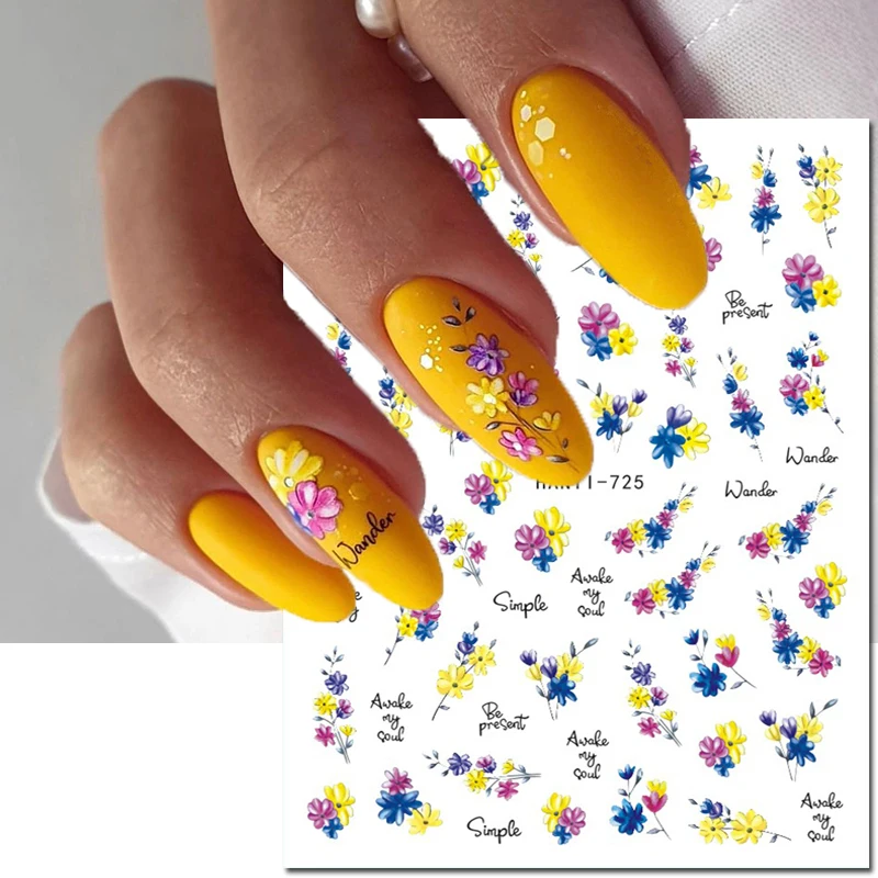 Autocollants adhésifs 3D Nail Art, bleu clair, rose, violet, fleurs, lettres, décalcomanies pour décorations N64.Tips