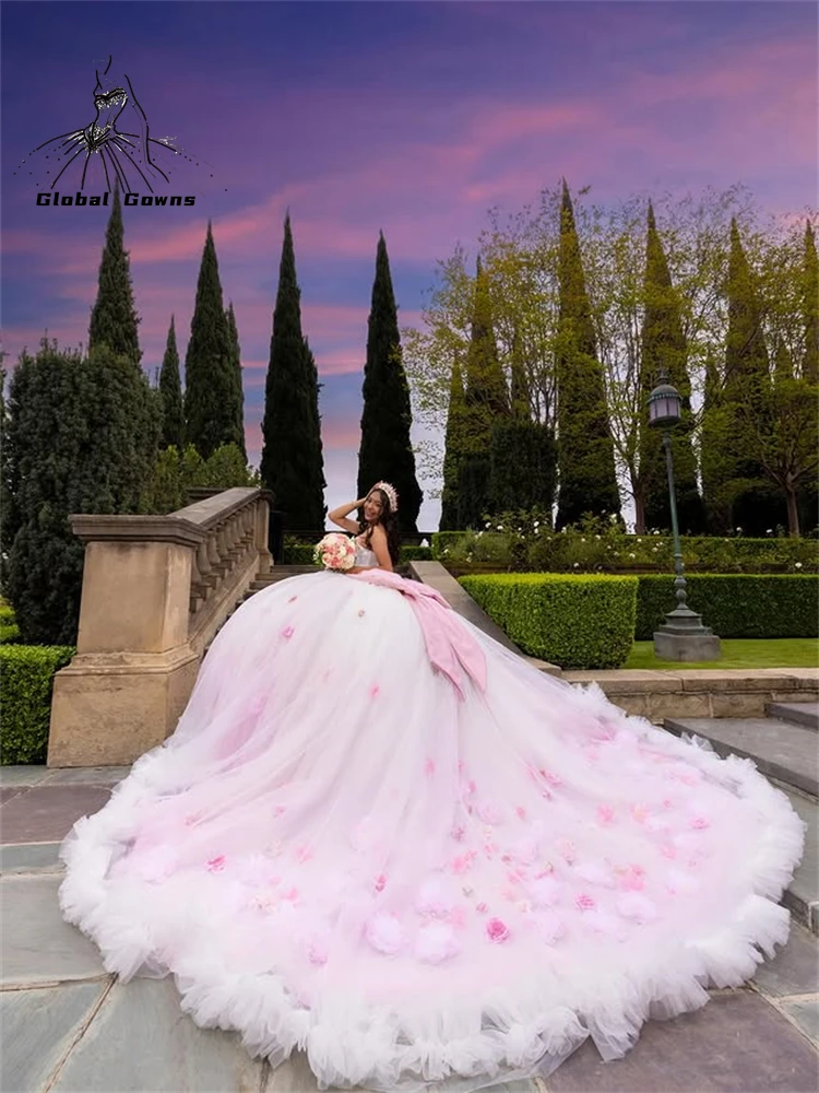

Customized Light Pink Quinceanera Dresses Off the Shoulder Glitter applique Ruffle 3D flower Long tail Vestido De 15 Quinceanera