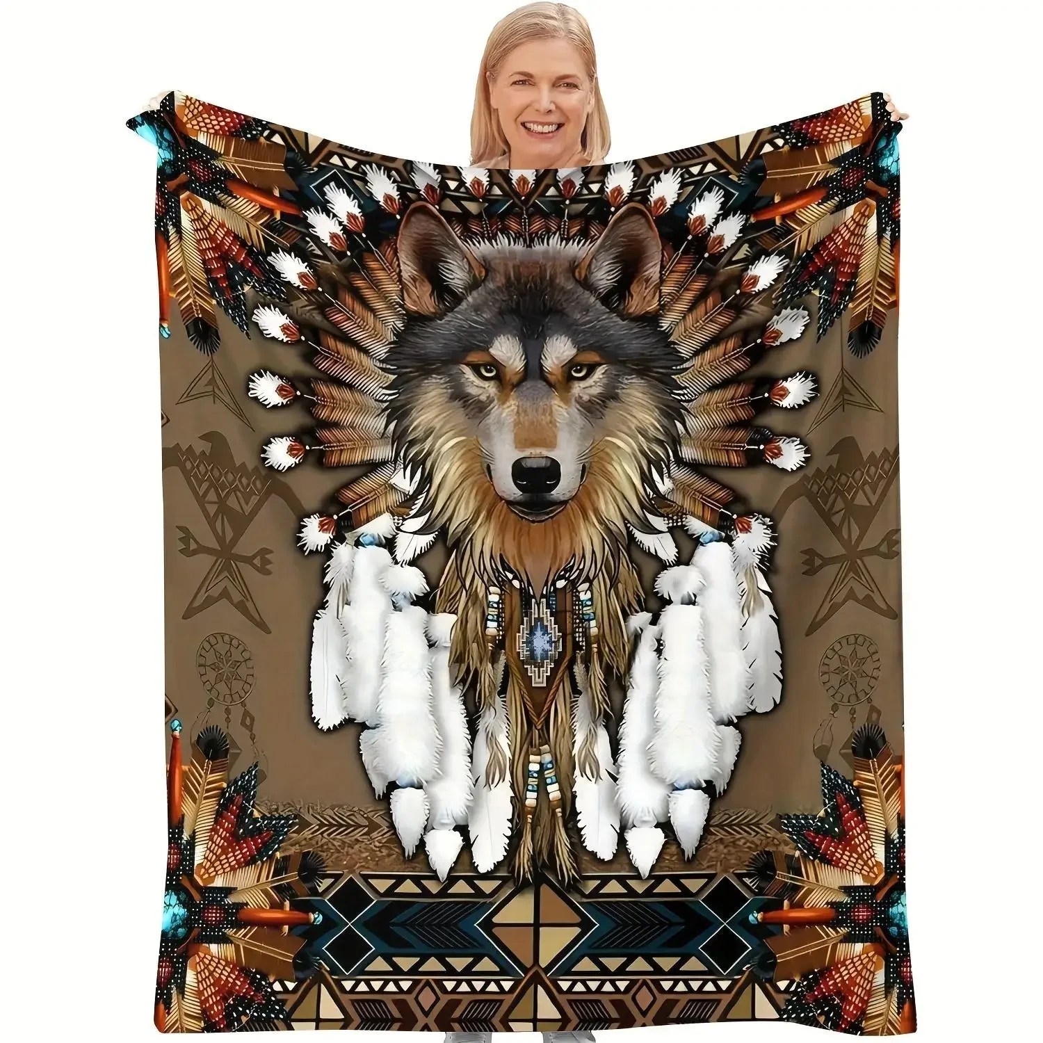 1Pc Stitch Print Blanket Wolf Totem Blanket Soft Flannel Sofa Blanket  for Couch Bed Picnics and Camping