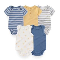 Solid 5 Pieces Baby Unisex Bodysuits 100%Cotton Short Sleeves Onesies Summer Infant Clothes