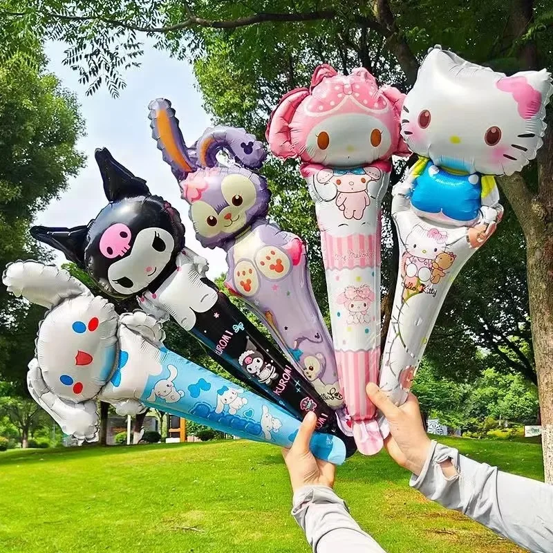 10pcs/set Hello Kitty Kuromi Melody Balloon Stick Foil Balloons Set Girl Happy Birthday Party Concert Atmosphere Props