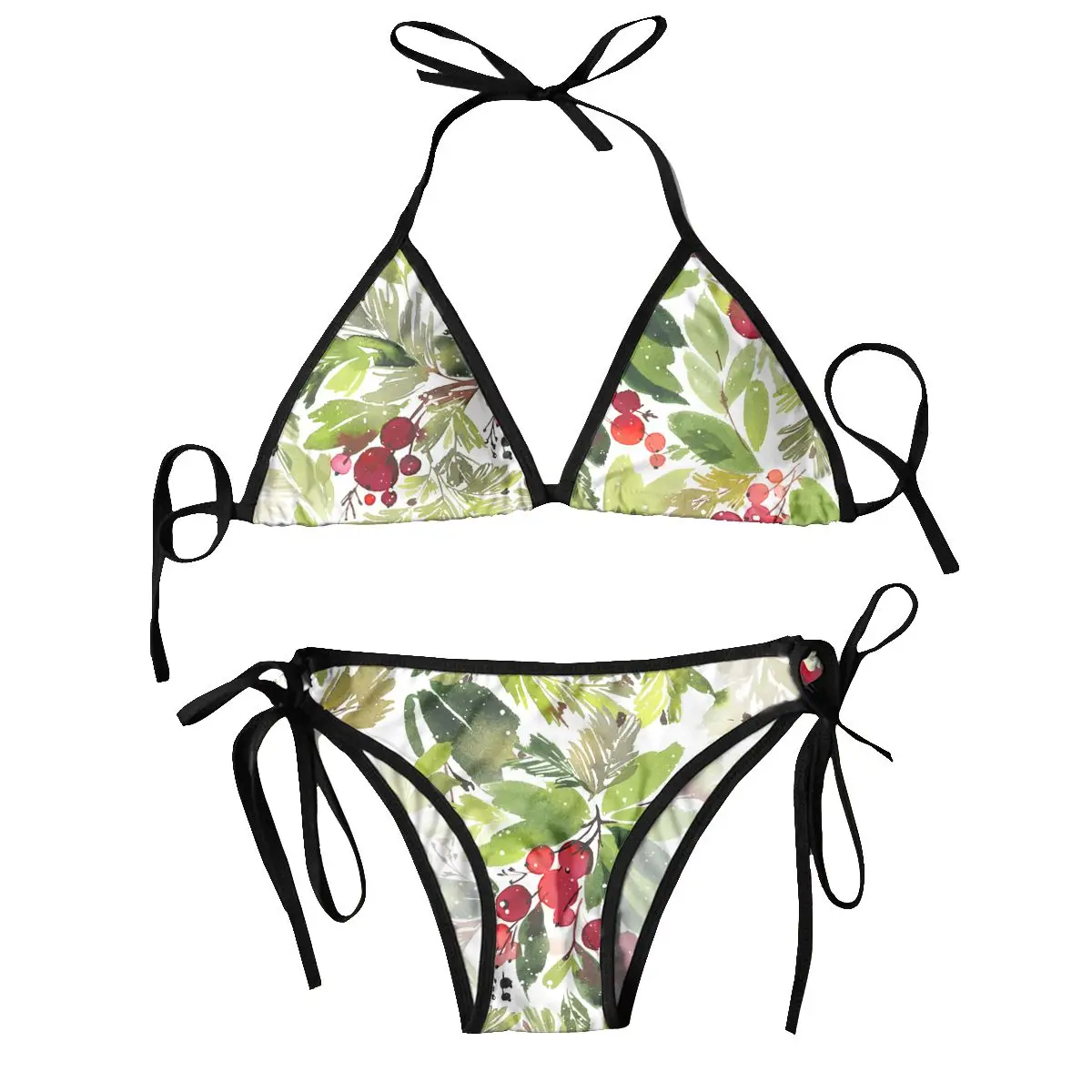 

Женский треугольный купальник, комплект бикини на шнуровке, сексуальный купальник с лямкой на шее, пуш-ап, акварельные ягоды и ель
