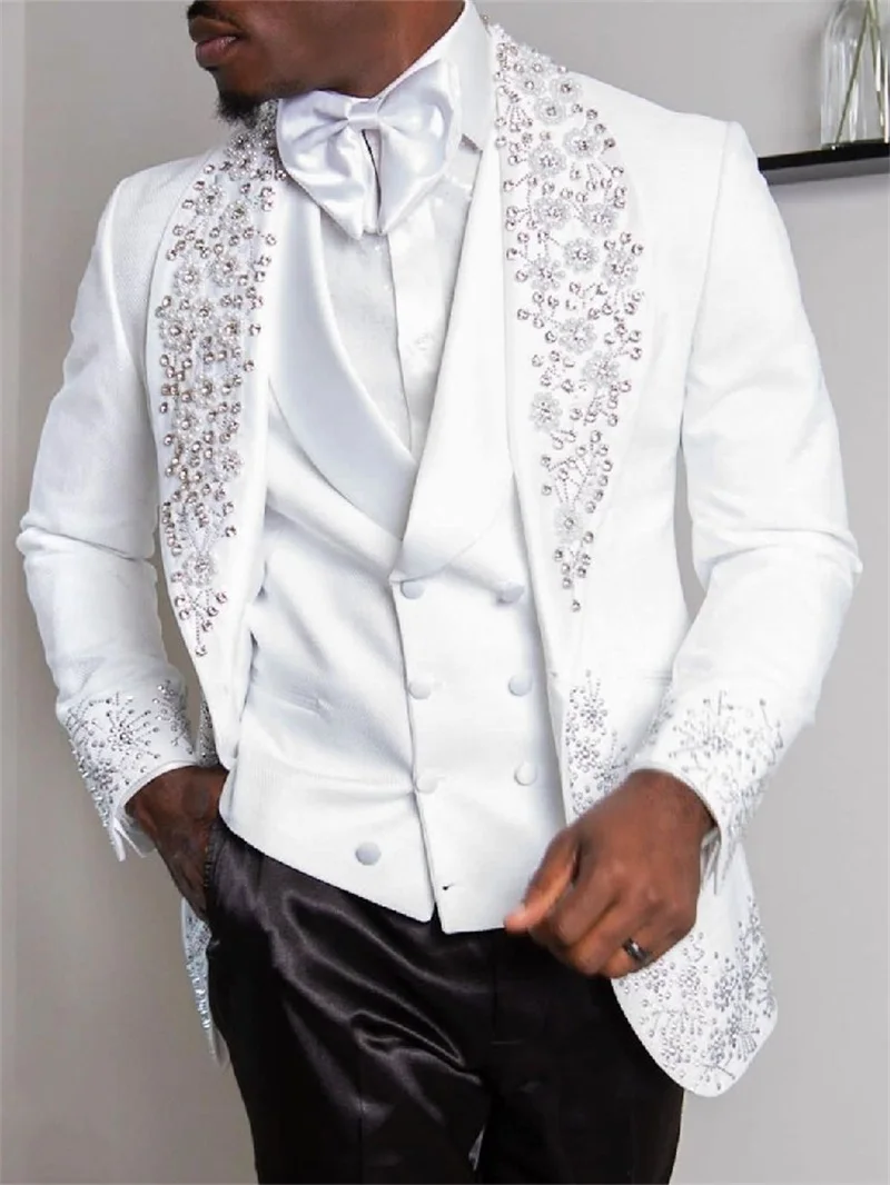 

Luxury White Crystal Beaded Men Suit Blazer+Vest 2 Pcs Wedding Tuxedo Formal Office Business Jacket Coat костюм Tailored