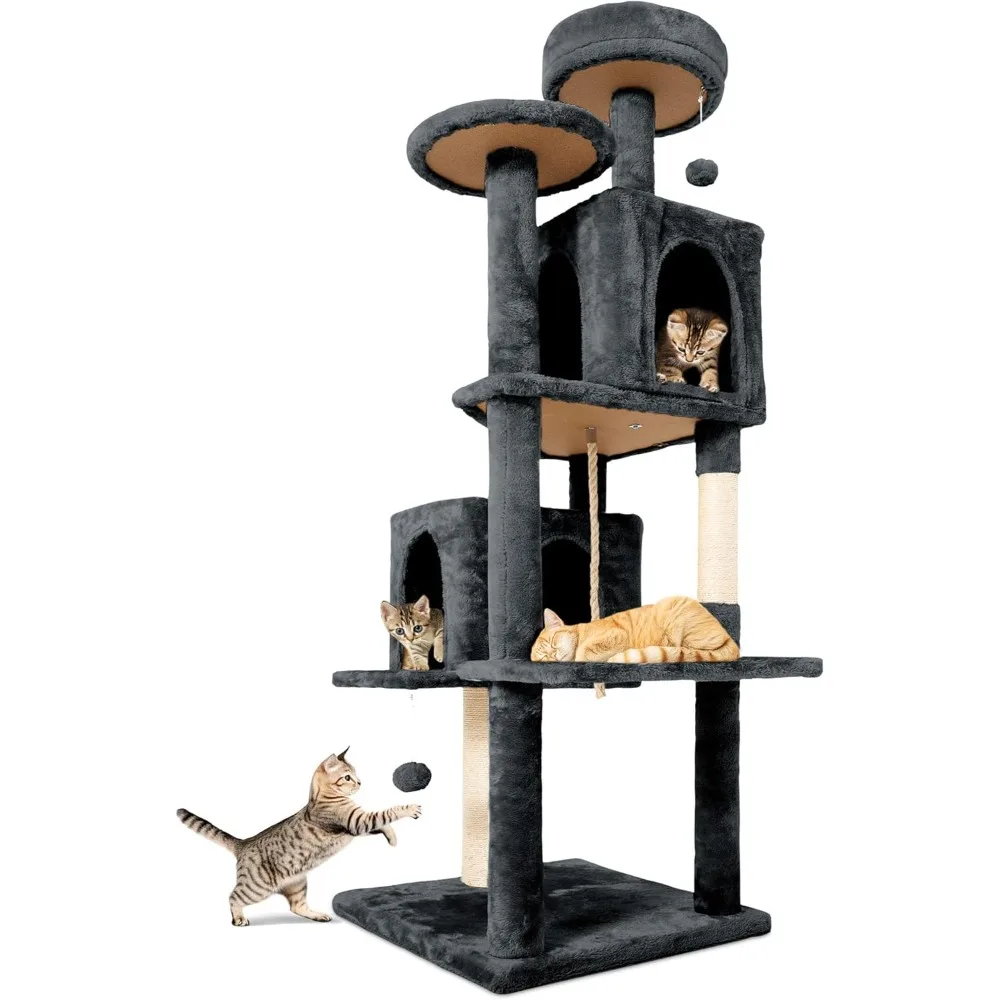 

58 Inches Tall Cat Tree for Indoor, Cat Climbing Tower with 2 Scratching Posts, 2 Comfort Condos, 2 Hanging Balls, 2 Soft Plush
