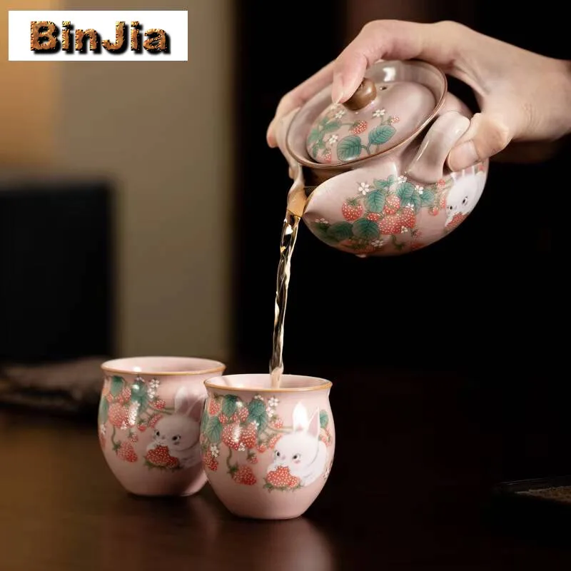200ml Japanese Ru Kiln Hand Grab Gaiwan Boutique Strawberry Rabbit Tea Tureen Maker Cover Bowl Kung Fu Items Ornaments Supplies