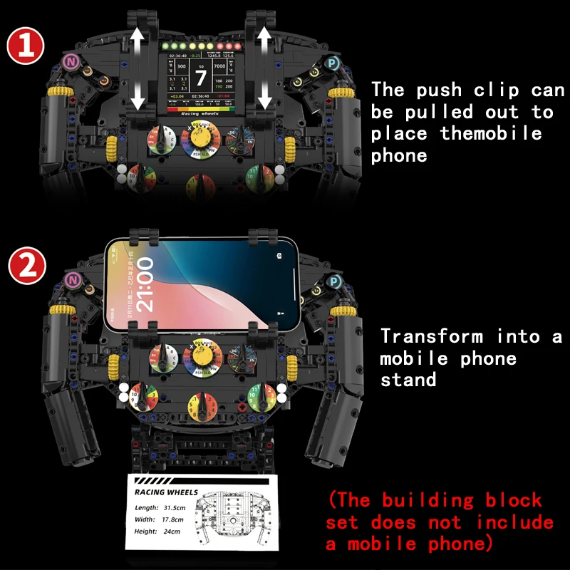 Volante per auto da corsa Formula Blocchi tecnologica Macchinari MOC Modello di assemblaggio per auto sportiva Porta telefono Regalo creativo