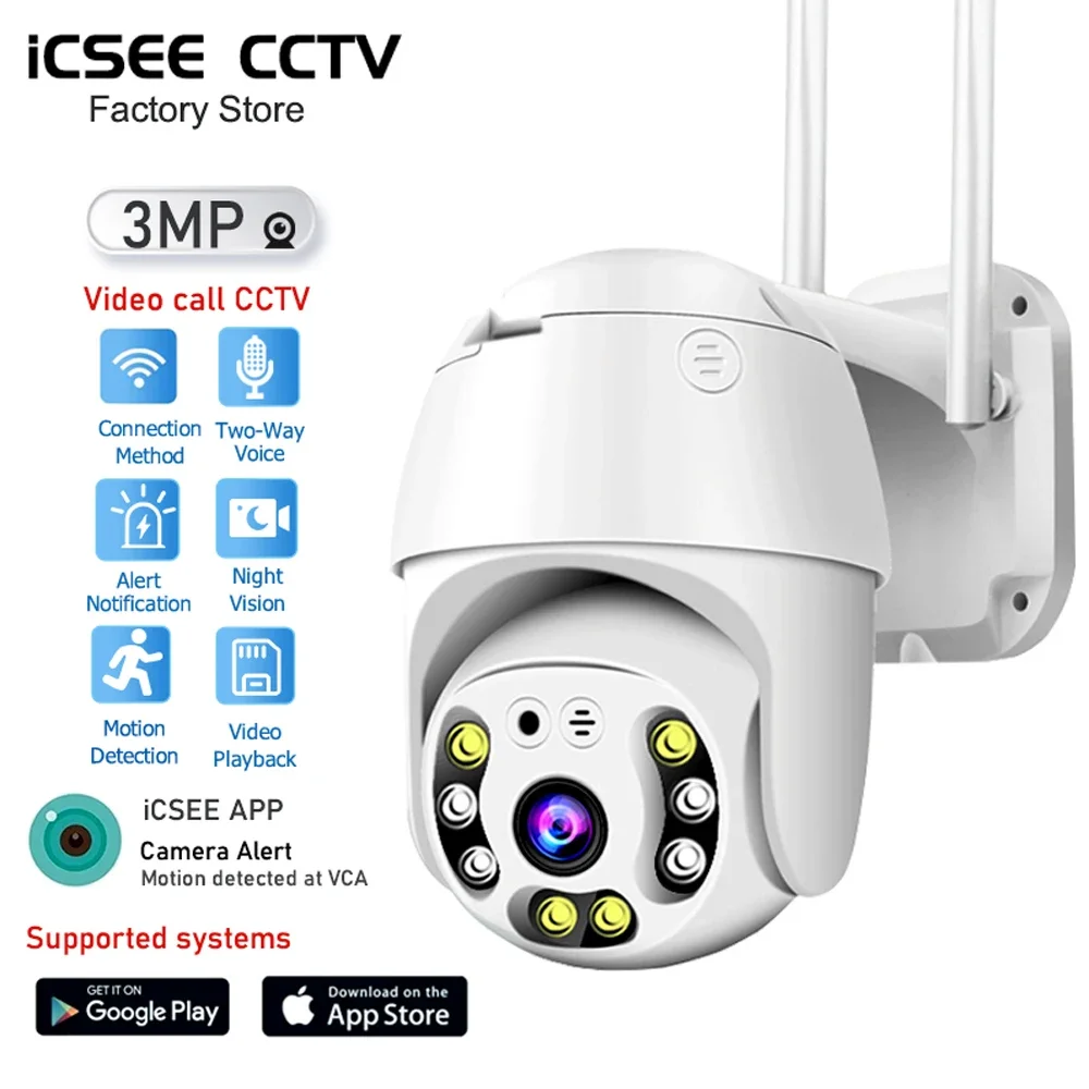 

Outdoor PTZ Wifi IP Camera 3MP HD Auto Tracking with Color Night Vision Two-Way Audio CCTV Security Monitor iCSee
