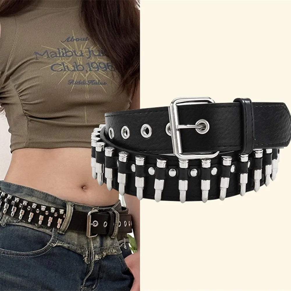 2024 novo punk cinto de couro do plutônio para mulheres cabeça de bala decorado cintura ajustável bala rebite cinto de metal cinta de cintura moda