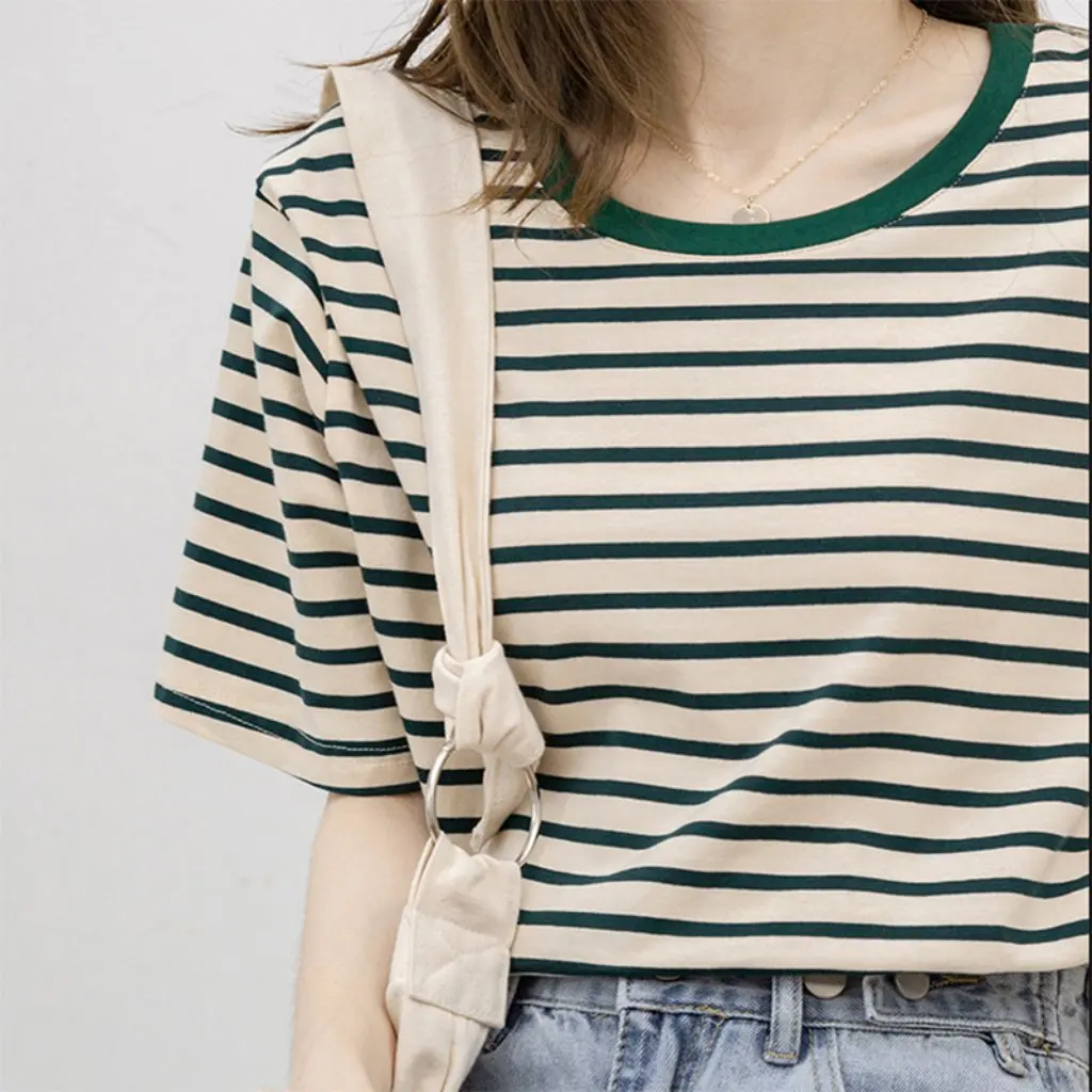 

Women's Short-Sleeve T-Shirt Summer Thin Cotton Loose Top Green Striped Versatile Casual Wear for Spring Autumn