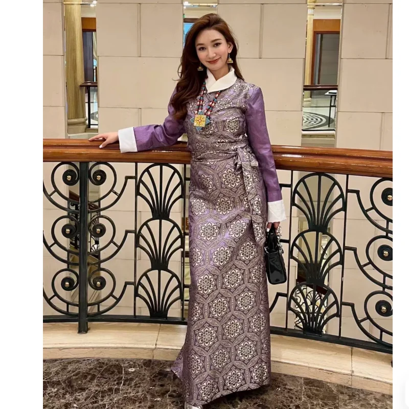 Chinese Xizang Crescent Neck Women's Dress Brocade Contrast Bola Dress