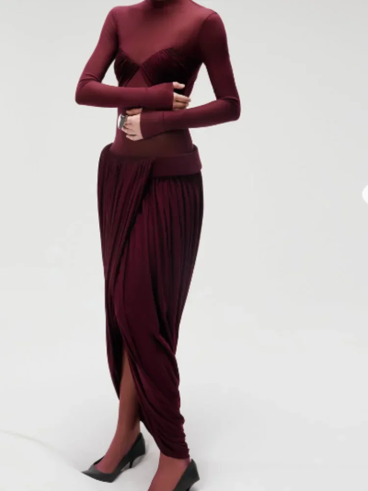 

2026 Lady Evening Party Gown Elegant Pleated Maxi Dress Women Round Neck Full Sleeve Waist Cinching Slim Long Vestidos