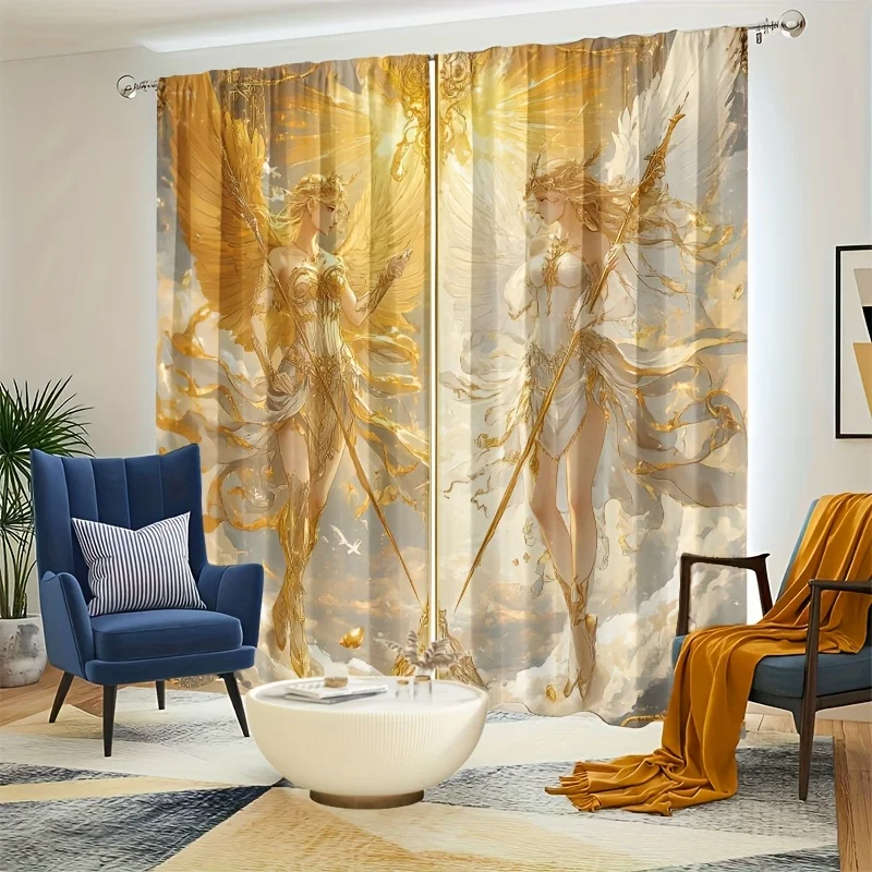 2pcs Luxury Gold Angel Window Curtains Divine Light and Clouds Drapes Fantasy Art Room Decor for Living Room Bedroom