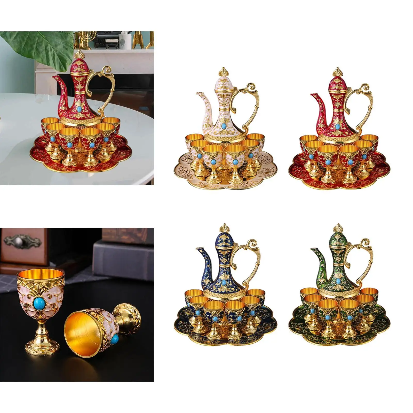 

Turkish Coffee Cup Wine Pot Metal Wine Glass Jug Set for Living Room Kitchen