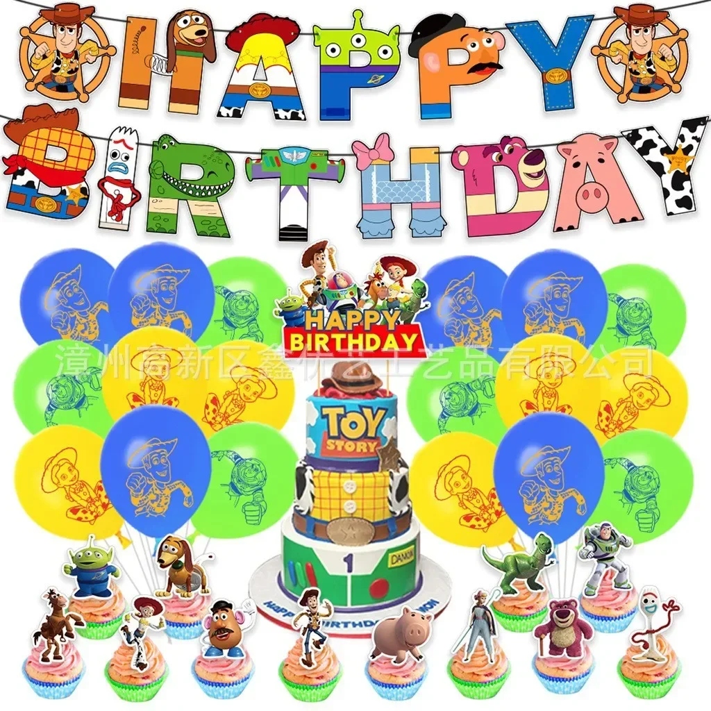 

Disney Toy Story Birthday Party Decoration Kawaii Woody Banner Cake Topper Flag Balloon Birthday Party Children Supplies Set