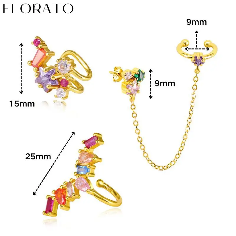 

1PCS FLORATO Colorful Crystal Zircon Metal Gold-plated Ear clip Earrings For Women Chain Ear Clip Luxury Fashion Wedding Jewelry