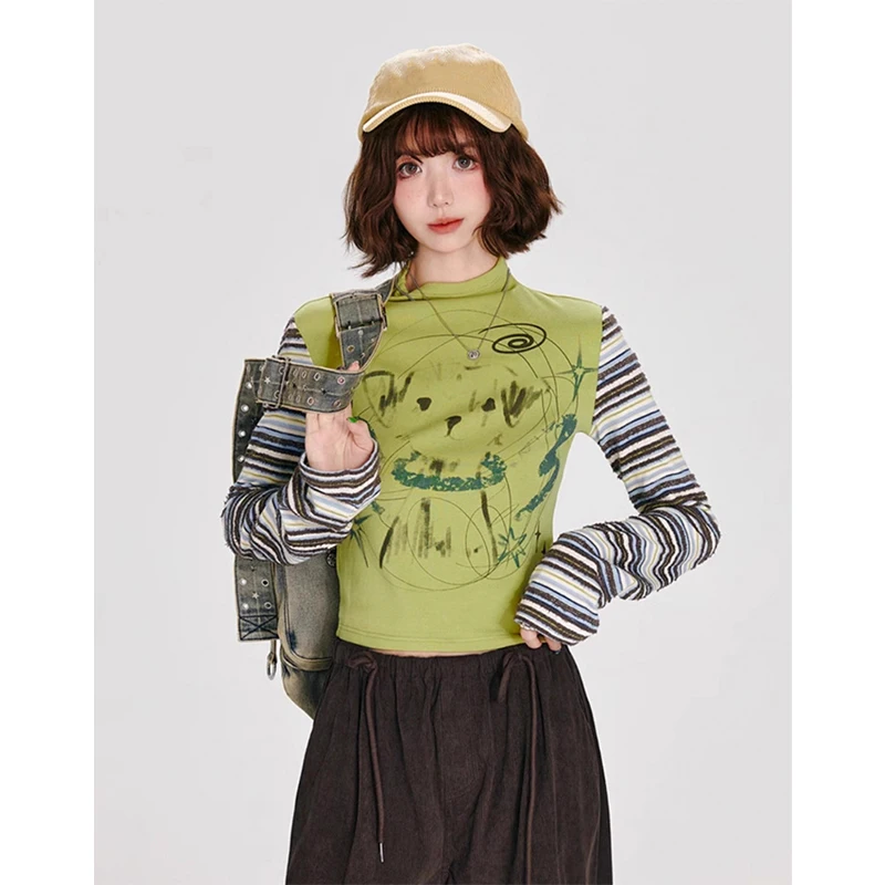 تي شيرت هاراجوكو مخطط للسيدات تي شيرت عتيق مطبوع عليه قطع علوية قصيرة للخريف Y2K الجرونج بأكمام طويلة تصميم نحيف تي شيرت جديد #2