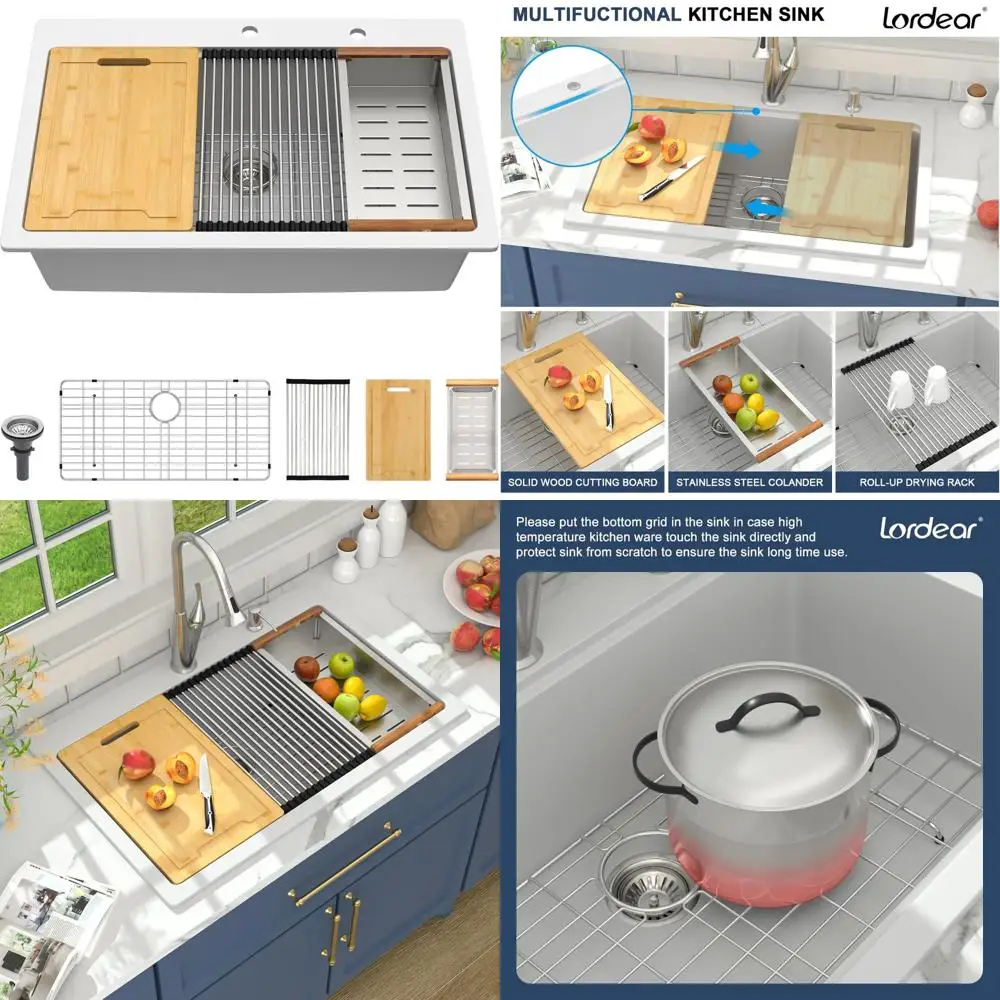 

33x22 Inch White Granite Composite Kitchen Sink with Quartz Top and Single Bowl, Drop-In Style