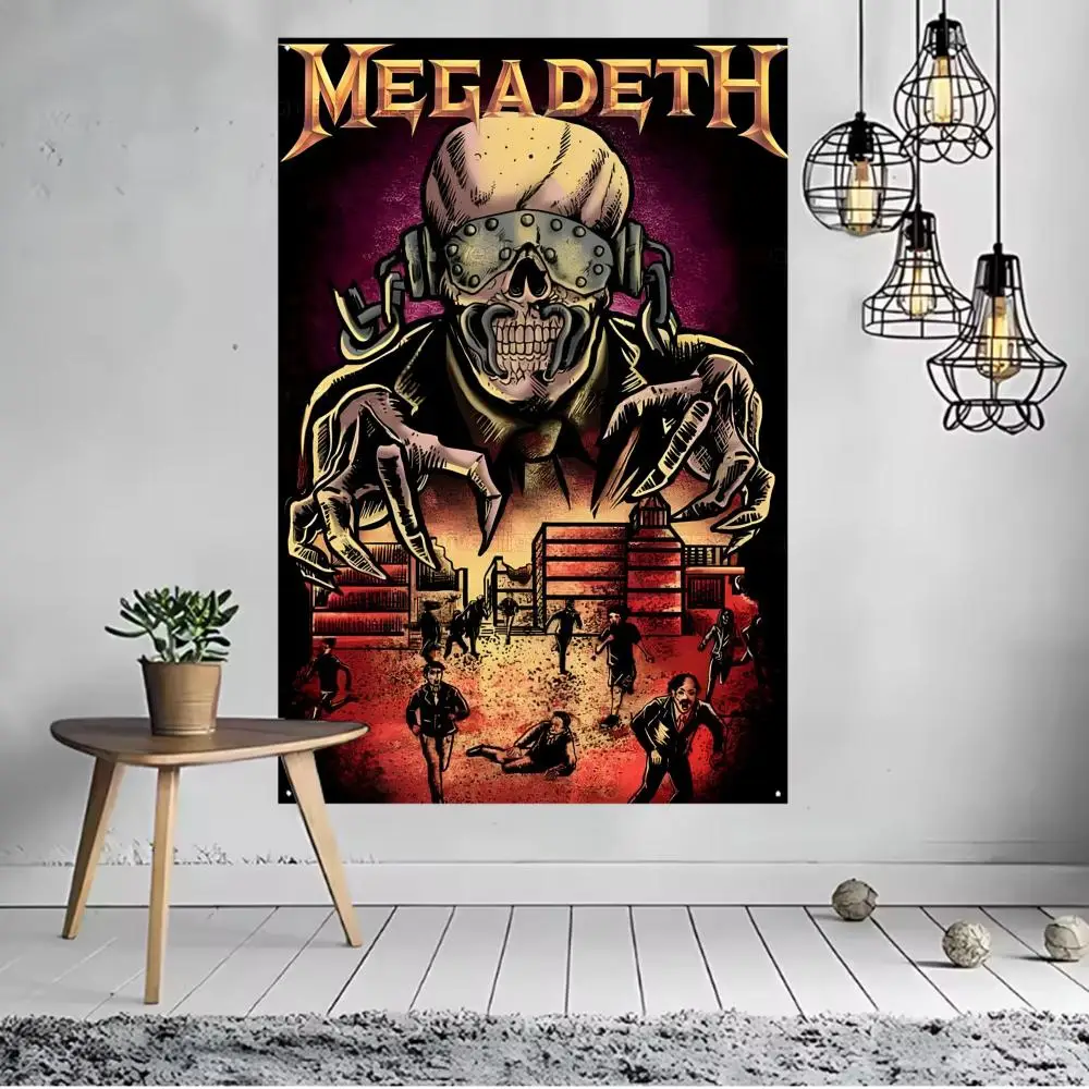 Vintage Megadeth Rock Wall Banner Horror Skull Zombie Pattern Polyester Tapestry Hanging Flag Thrash Metal Home Decoration for B