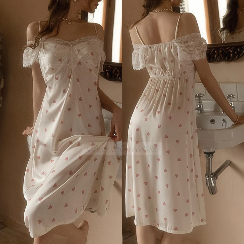 French Court Style Nightdress Sleepwear Summer Satin Print Love Nightwear Sleepshirt Sexy Off Shoulder Long Nightgown Home Wear