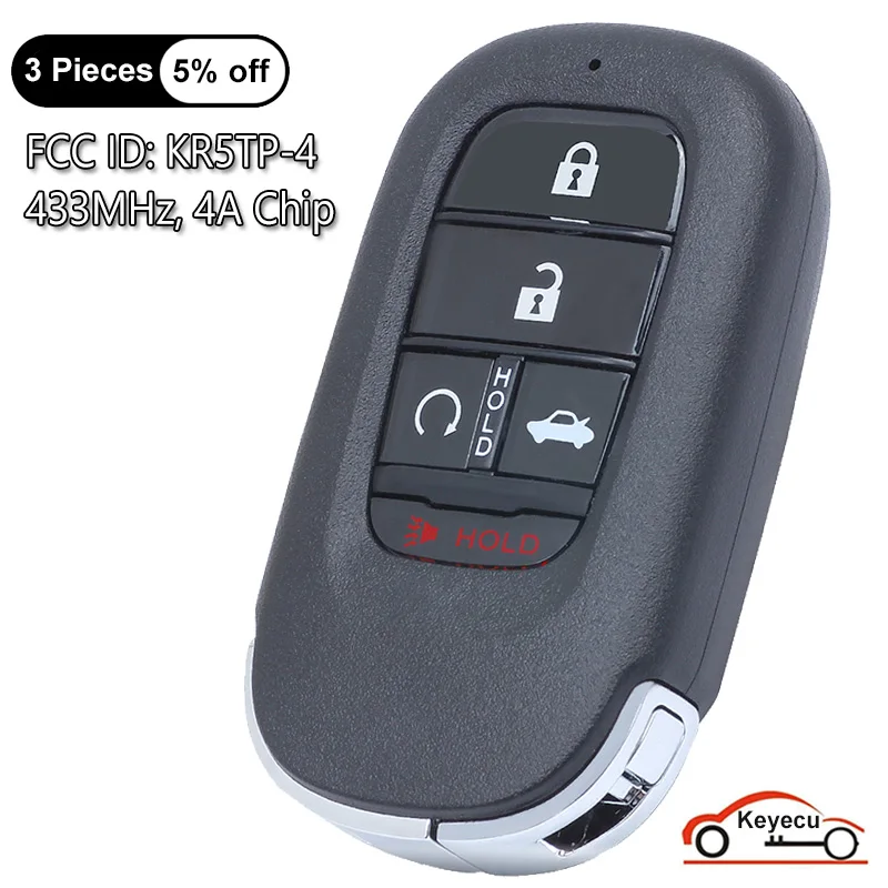 

KEYECU 5 Buttons 433MHz 4A Chip for Honda Accord Civic 2022 2023 Auto Smart Remote Control Key Fob Replacement FCC ID: KR5TP-4