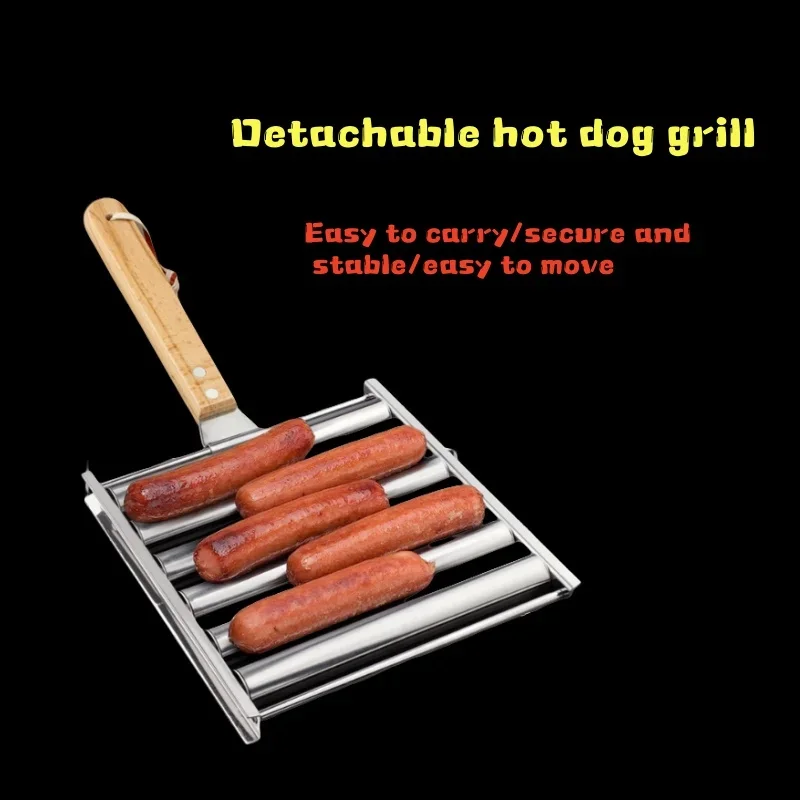 Hot Dog Roller with Extra Long Wood Handle Stainless Steel Hotdog Roller Grillers Sausage Roller Rack BBQ Tools Accessories