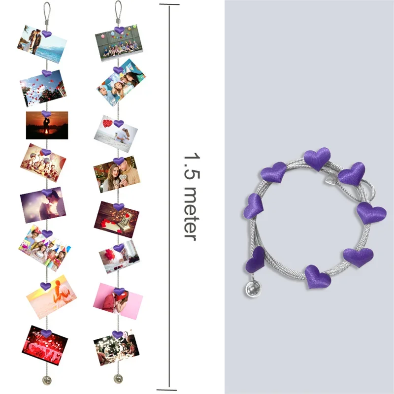 1.5M Magnetic Photo Holder Rope Cable Wire with 8 Purple Heart Magnets Hanging String Birthday Party Photo Picture Wall Display